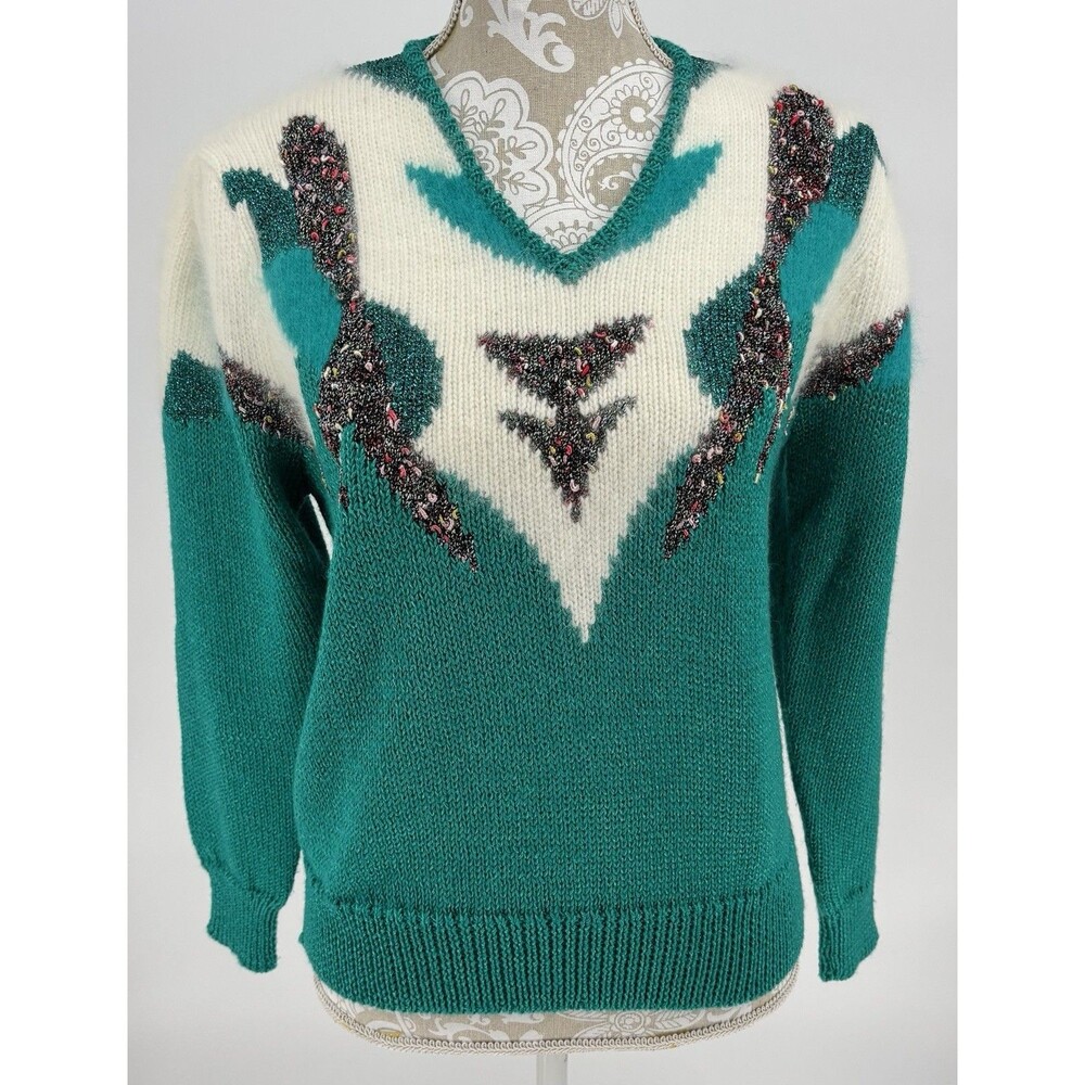 VTG 80s PS Illustrations Teal Angora Wool Blend V-Neck Sweater M Wearable Art